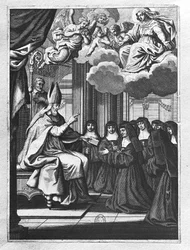 St. Francois de Salles (1567-1622) geeft de Regel van de Visitatie aan St. Jeanne de Chantal (1572-1641)